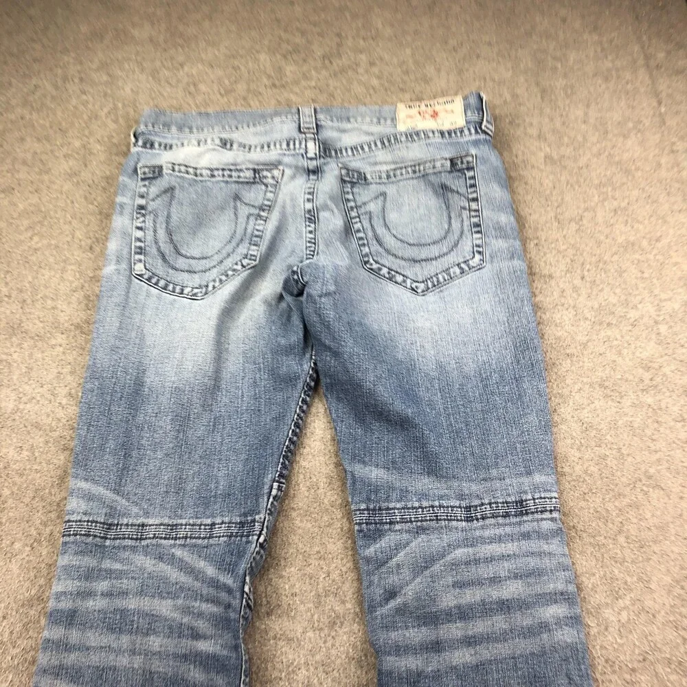 True Religion Jeans Mens 36x33 Blue Light Wash Regular Straight Moto Biker Denim